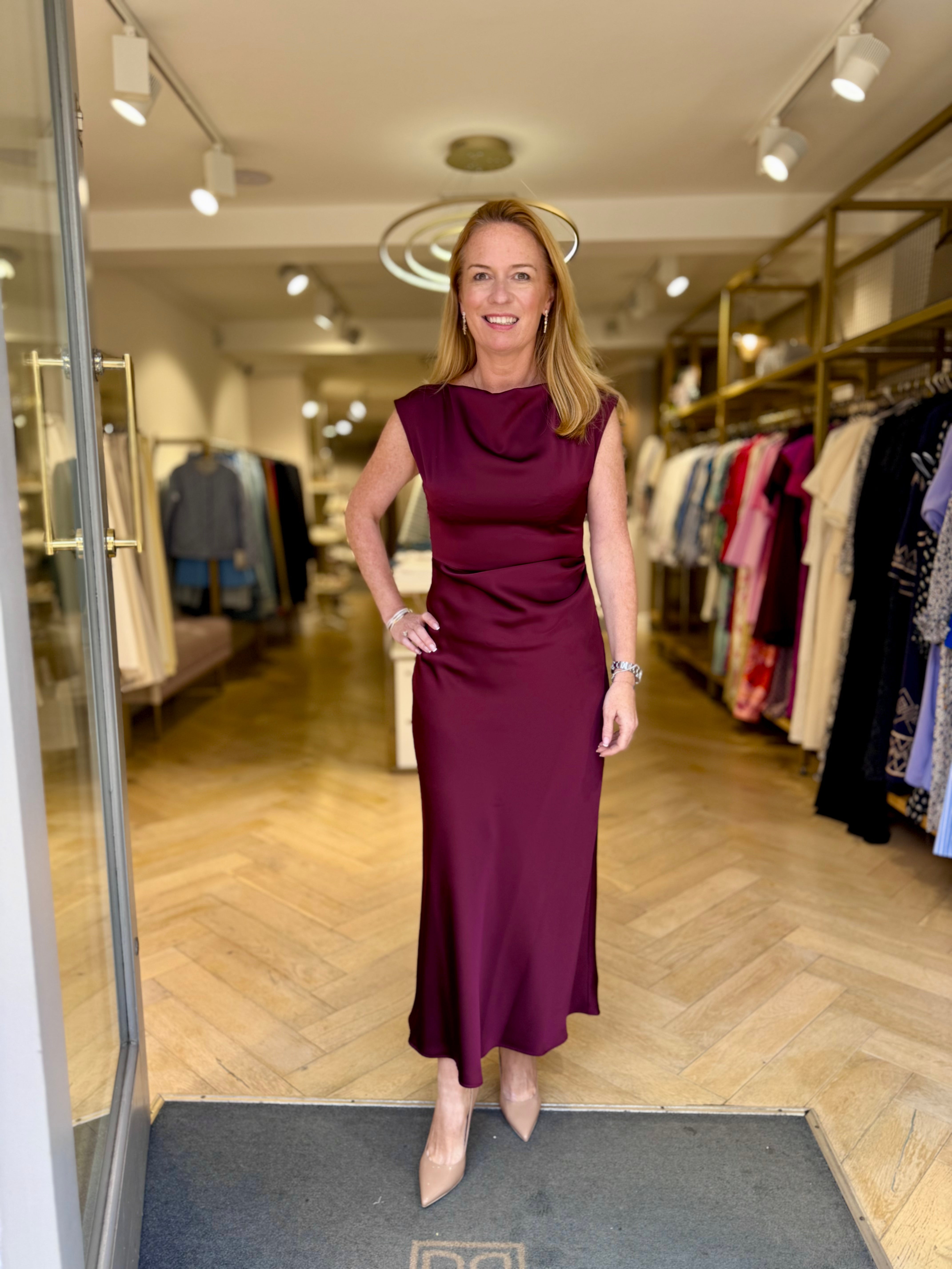 Penny Black Rodeo burgundy satin wedding guest midi dress worn in store