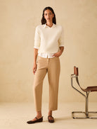 Straight leg cotton denim trousers camel front full length view