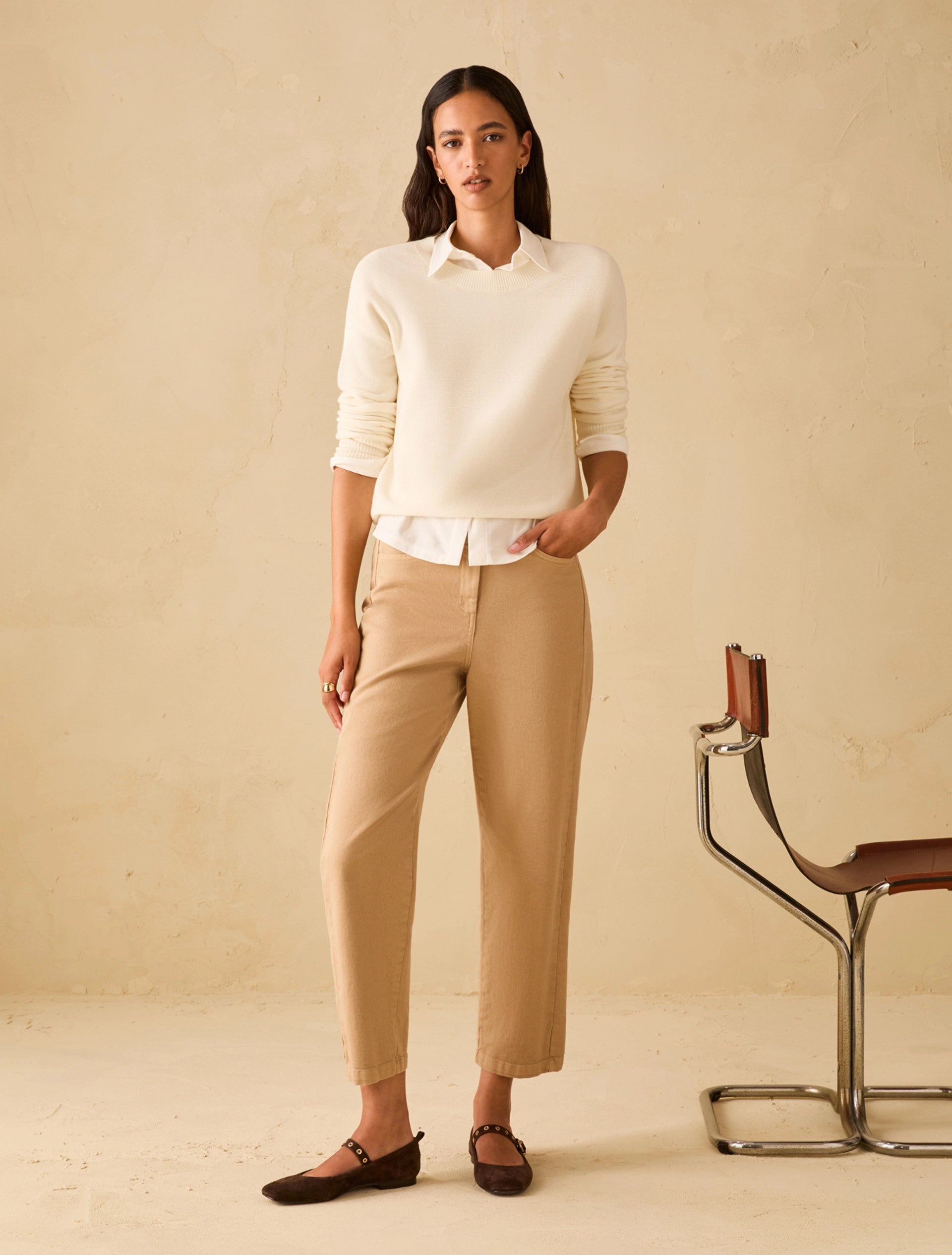 Straight leg cotton denim trousers camel front full length view