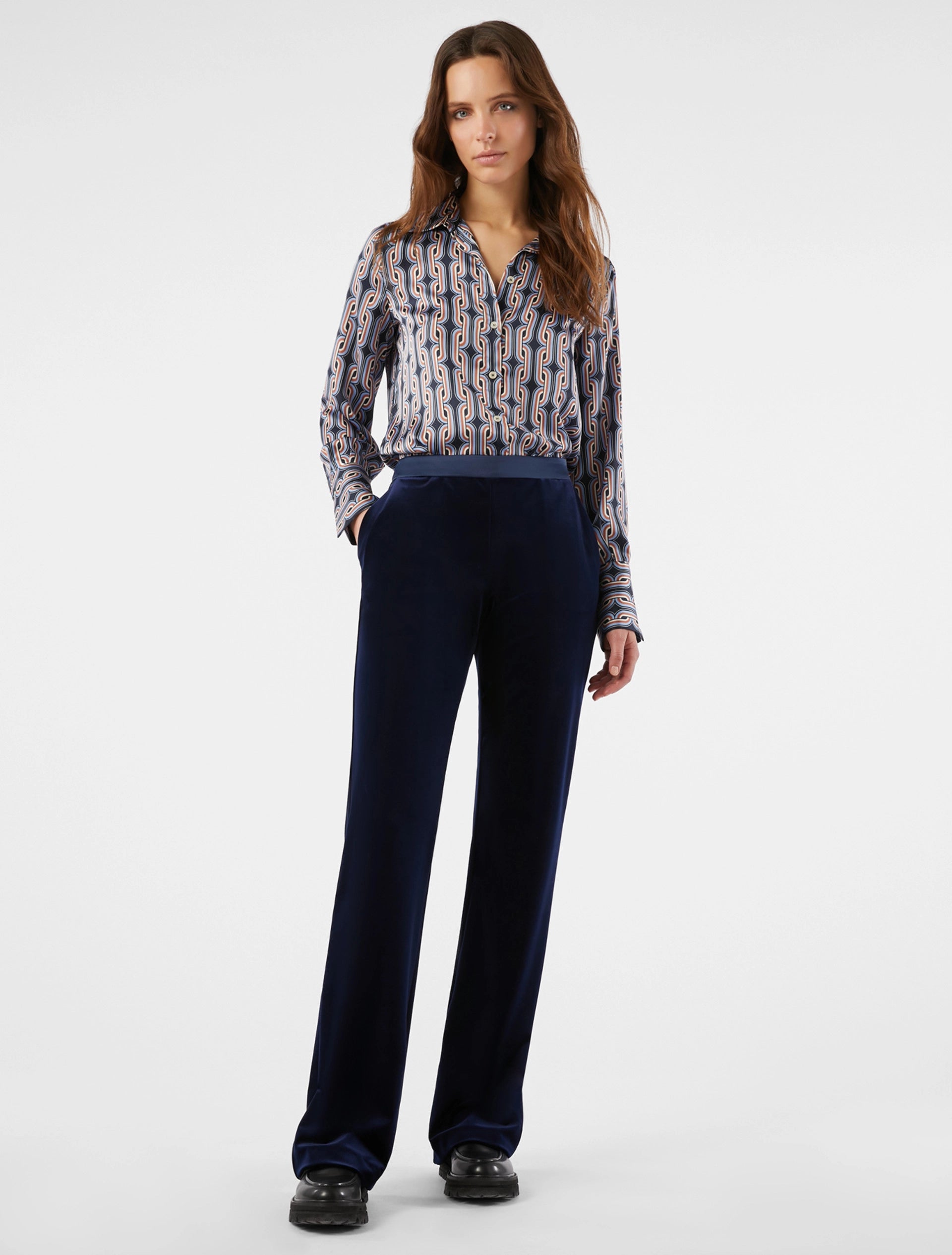 Penny Black Torba Navy Velvet Fit & Flare Trousers in Navy