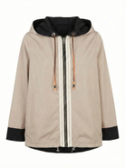 Peruzzi hooded jacket with stitch detail beige front view with contrast zip and cuffs