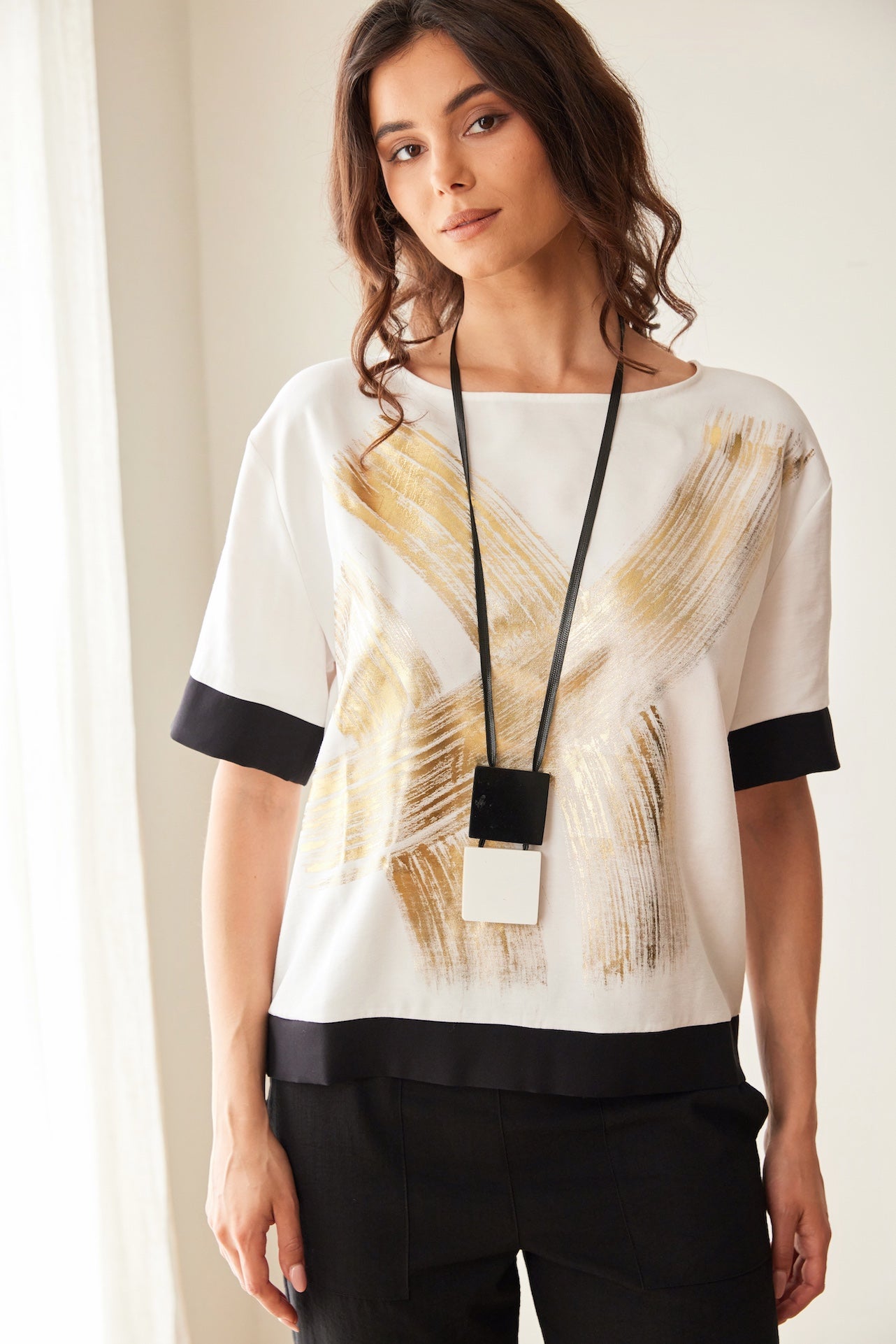 Peruzzi Metallic Brush Stroke Print Top close-up of metallic brush stroke print