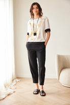 Peruzzi Metallic Brush Stroke Print Top relaxed fit front view with contrast cuff detail