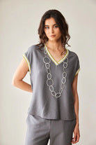 Peruzzi grey sport stripe trim top with V neckline front view