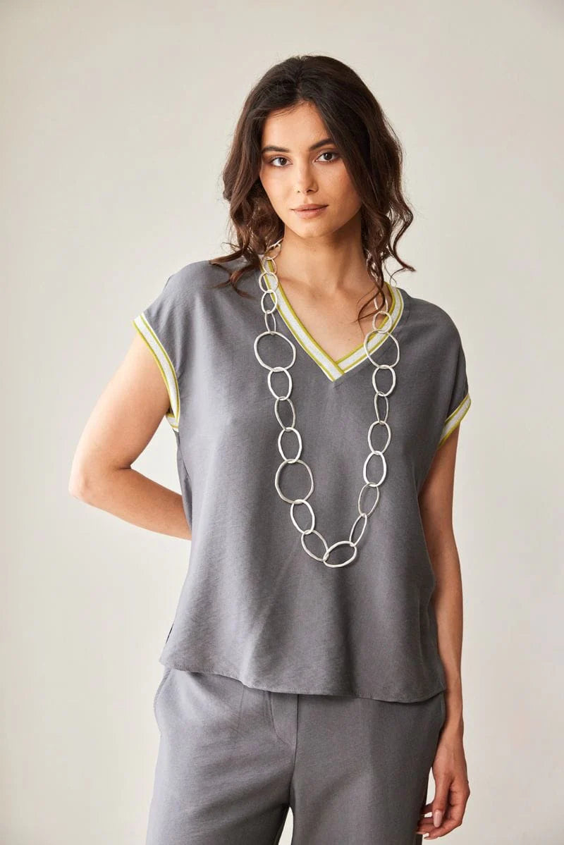 Peruzzi grey sport stripe trim top with V neckline front view