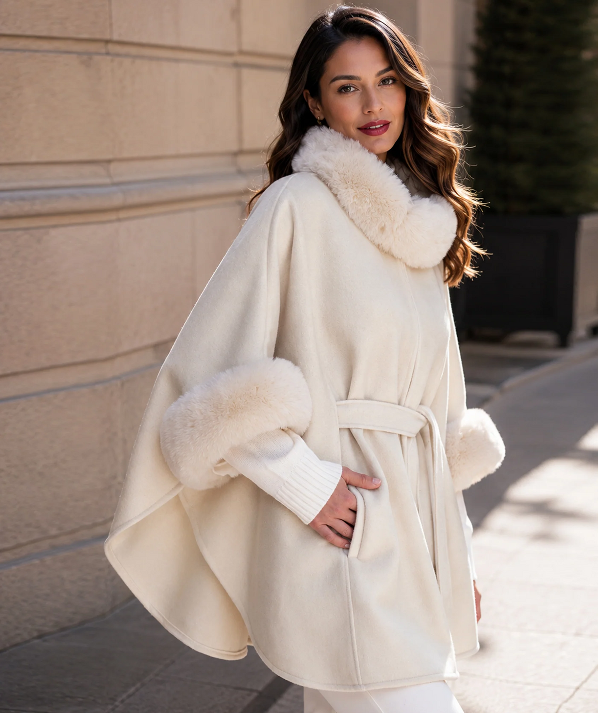 Pia Rossini Dawn beige faux fur trim belted cape on model