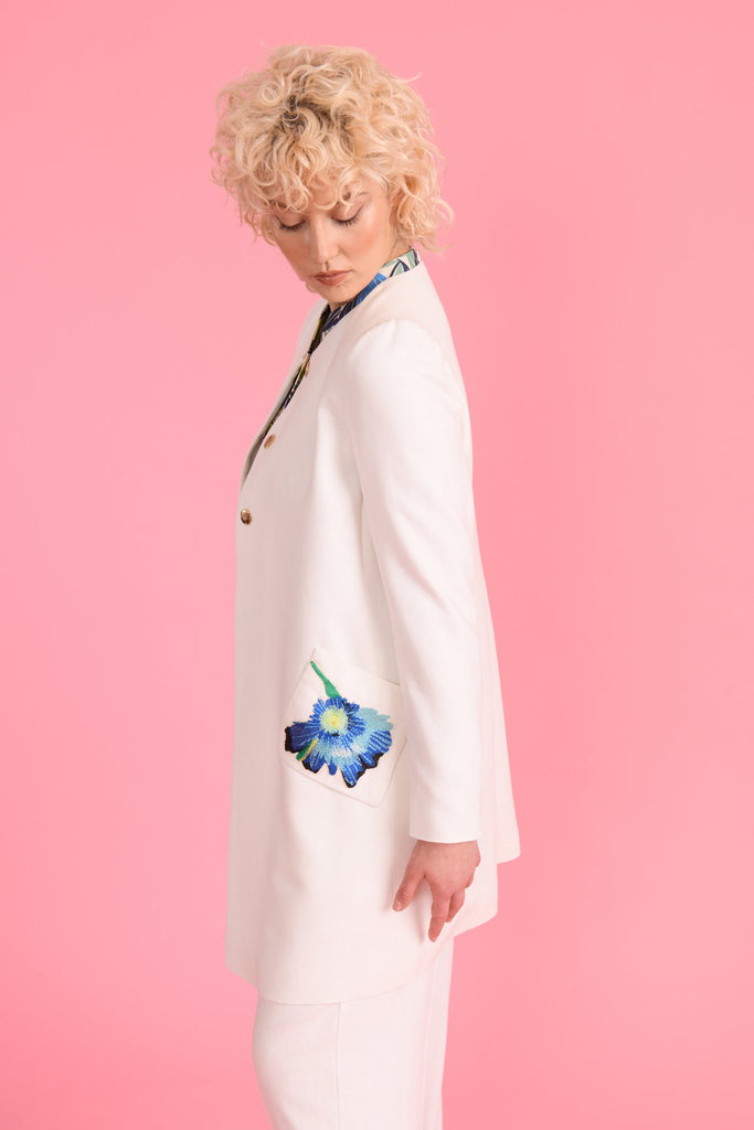 Sisters Alexa Cream  Linen Coat With Blue Floral Motif