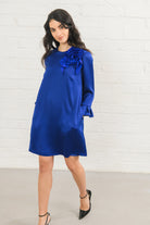 Sisters Ellie Blue Silky Knee Length Shift Dress With Long Frilled Sleeves