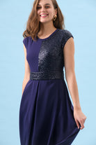 Sisters Feya ink blue occasion dress with sequin panel and full midi skirt