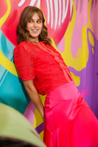 Sisters Java red lace occasion top with structured short sleeves