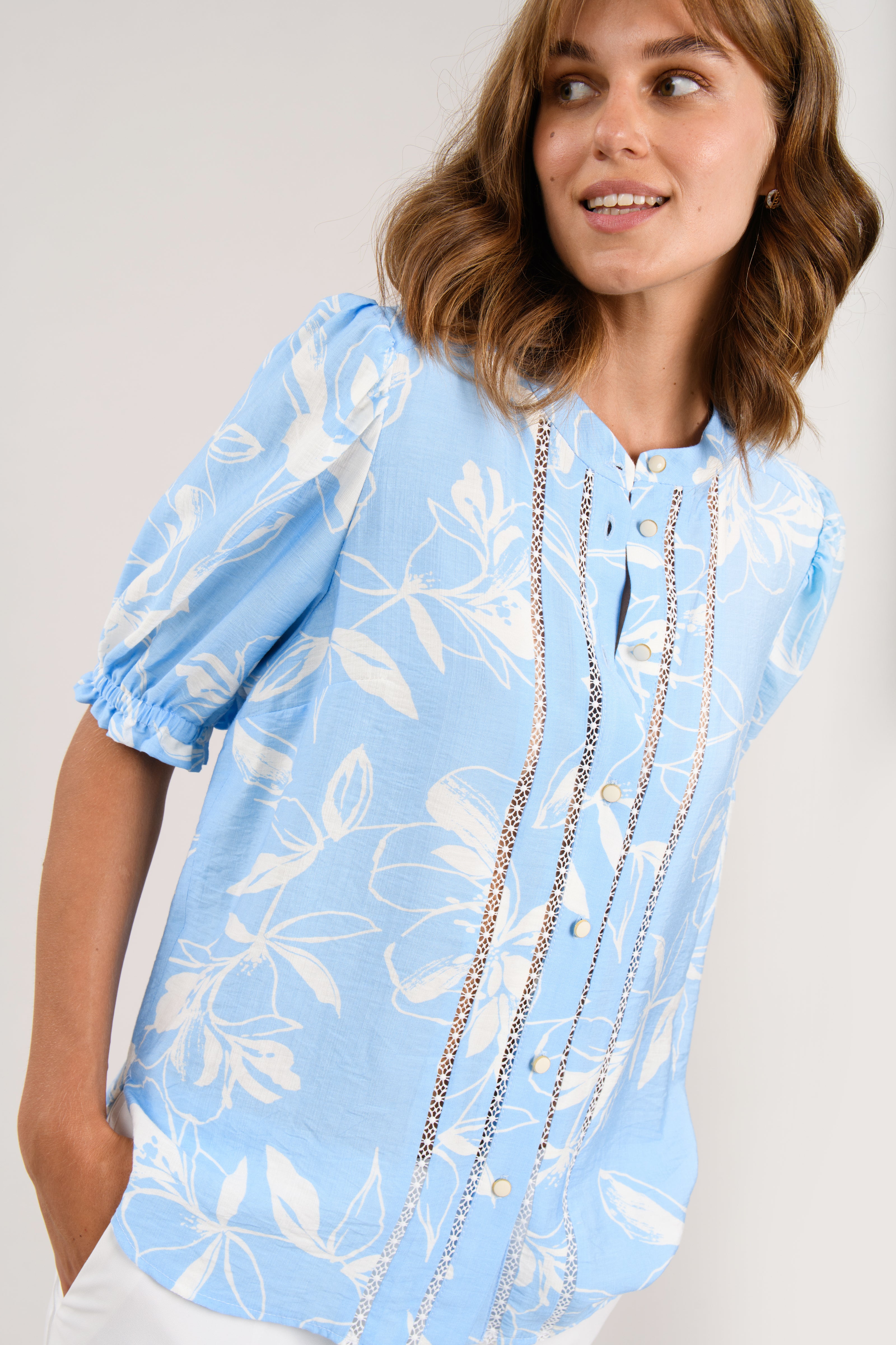 Sisters Jet blue floral print blouse with lace inset front detail