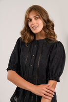 Sisters Jet black cotton lace inset blouse with round neckline and pearl button front