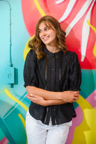 Sisters Jet black cotton lace blouse with textured weave and button fastening