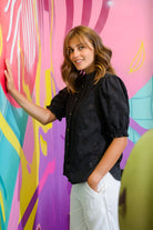 Sisters Jet black puff sleeve cotton blouse with vertical lace detailing