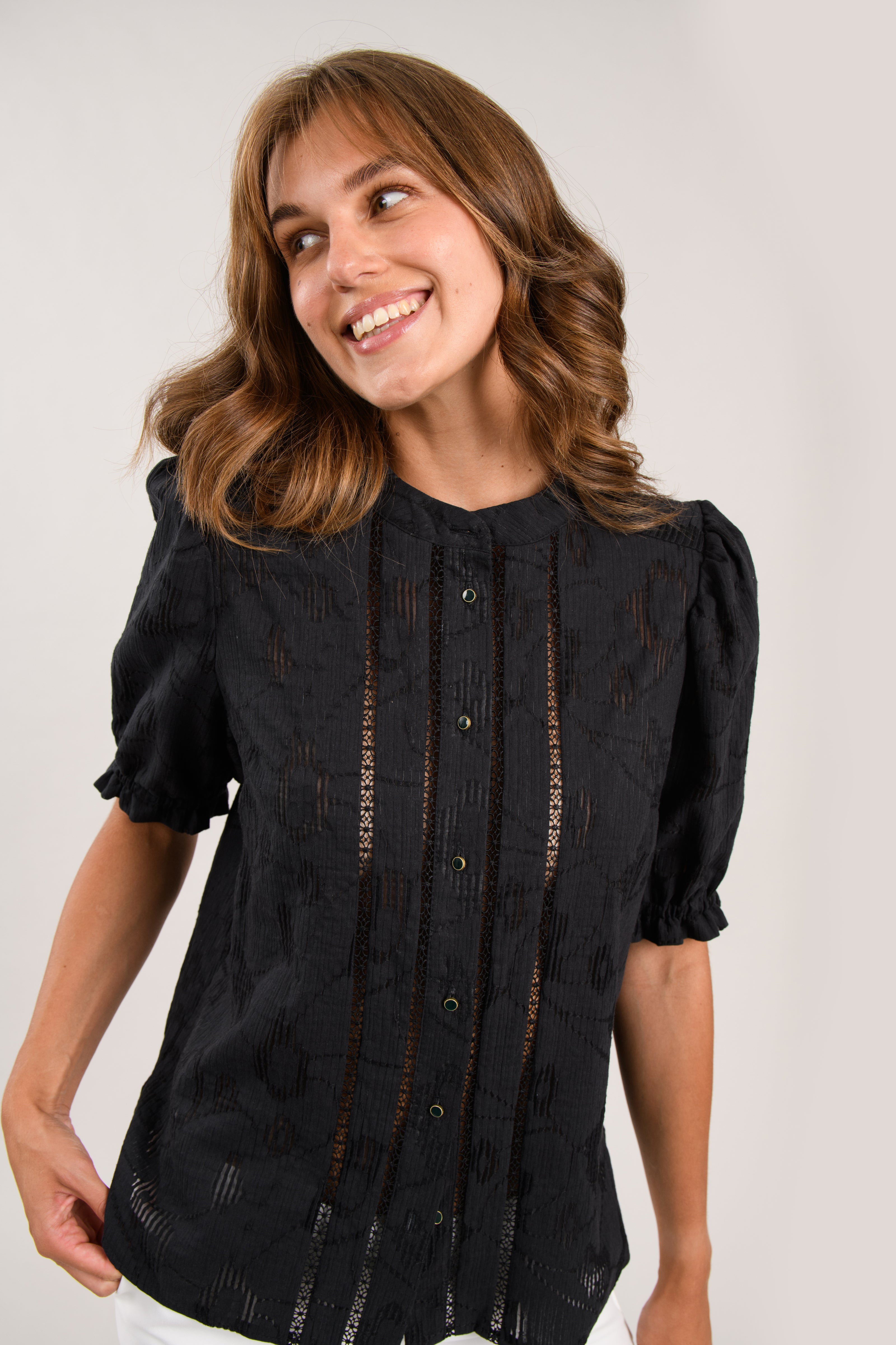 Sisters Jet cotton blouse in black with lace inset panel and puff sleeves