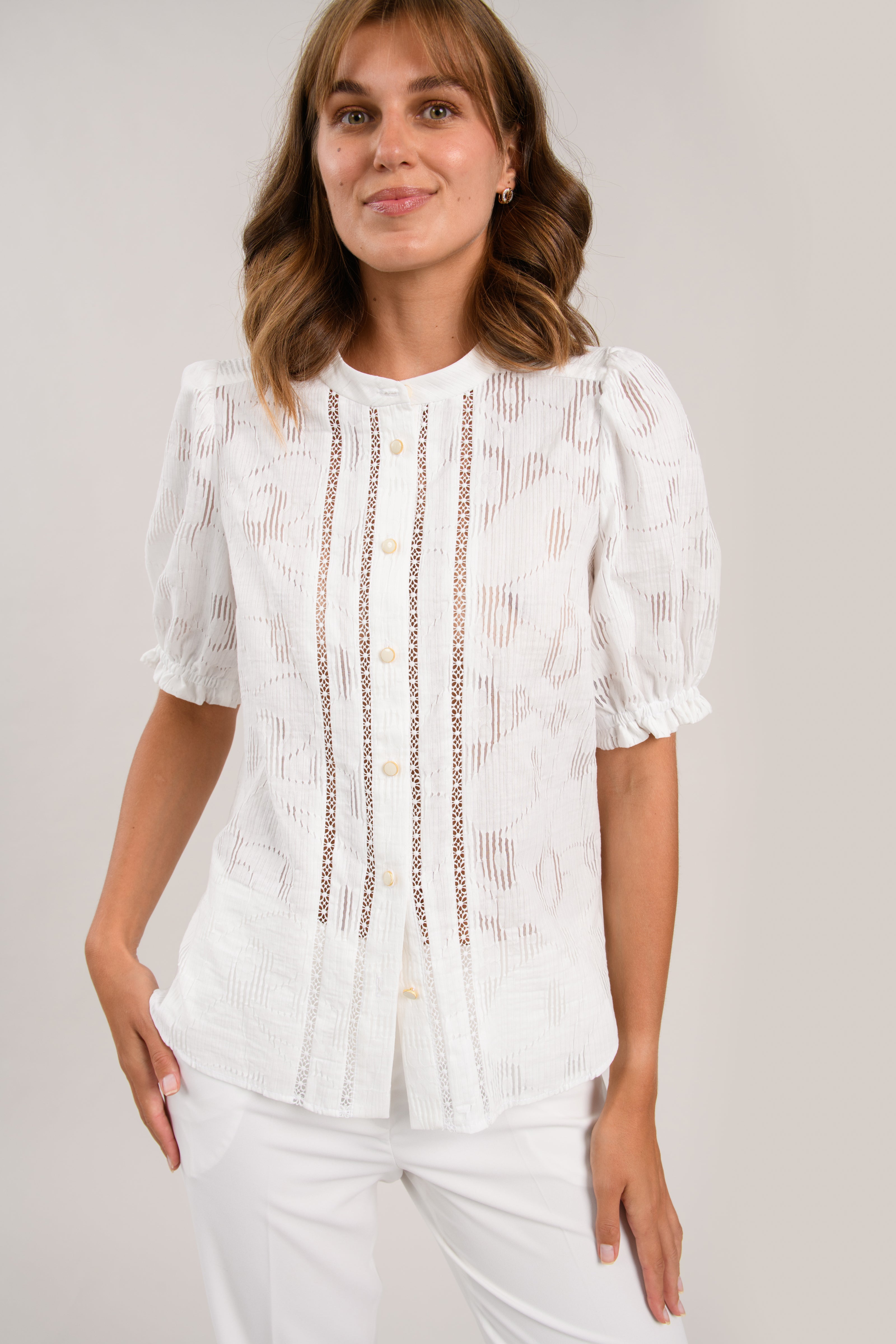Sisters Jet cotton blouse in white with lace inset detail and puff sleeves