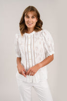 Sisters Jet white puff sleeve cotton blouse with vertical lace panels