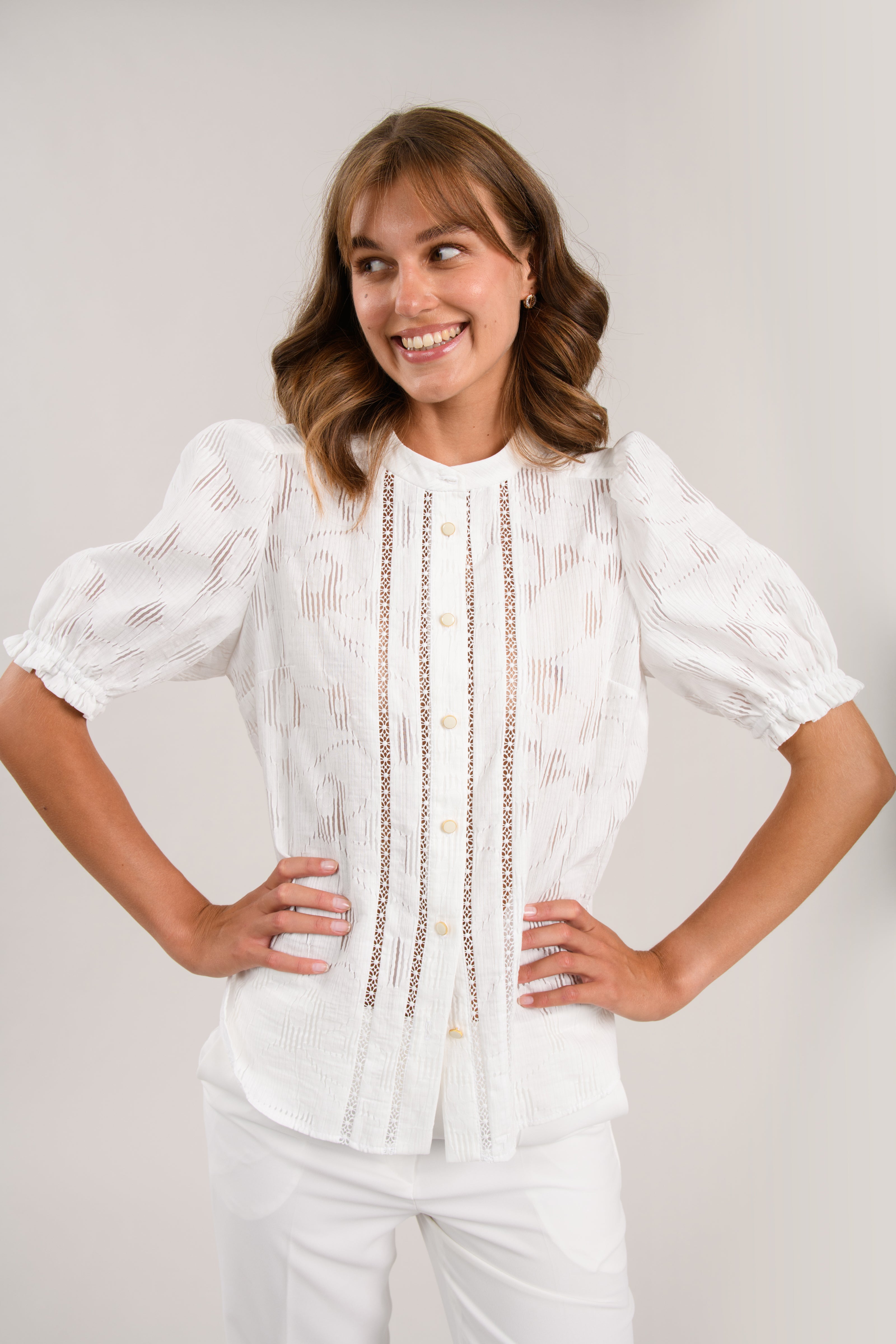 Sisters Jet white cotton lace inset top with round neckline and button front