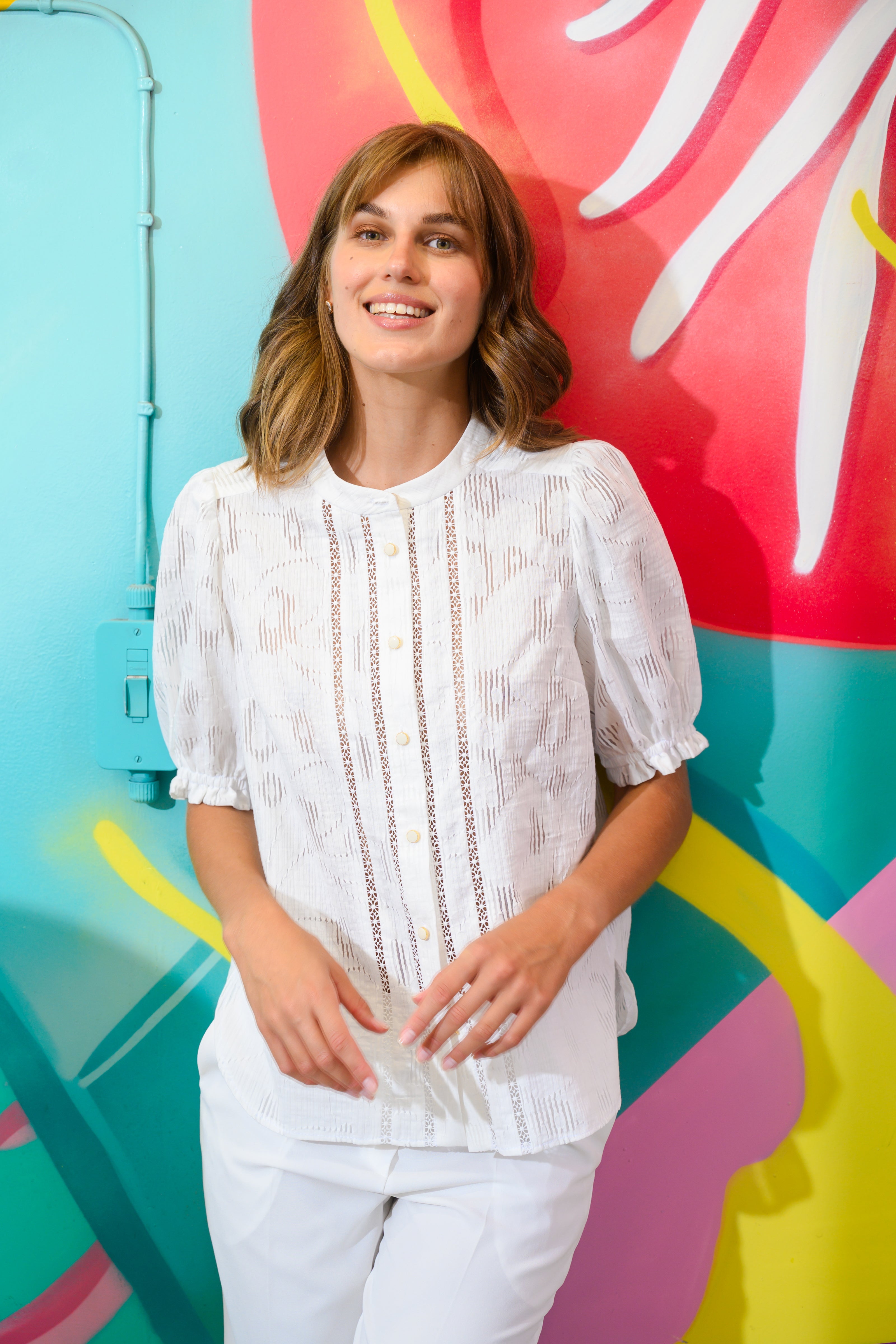 Sisters Jet white cotton lace top with textured finish and button fastening