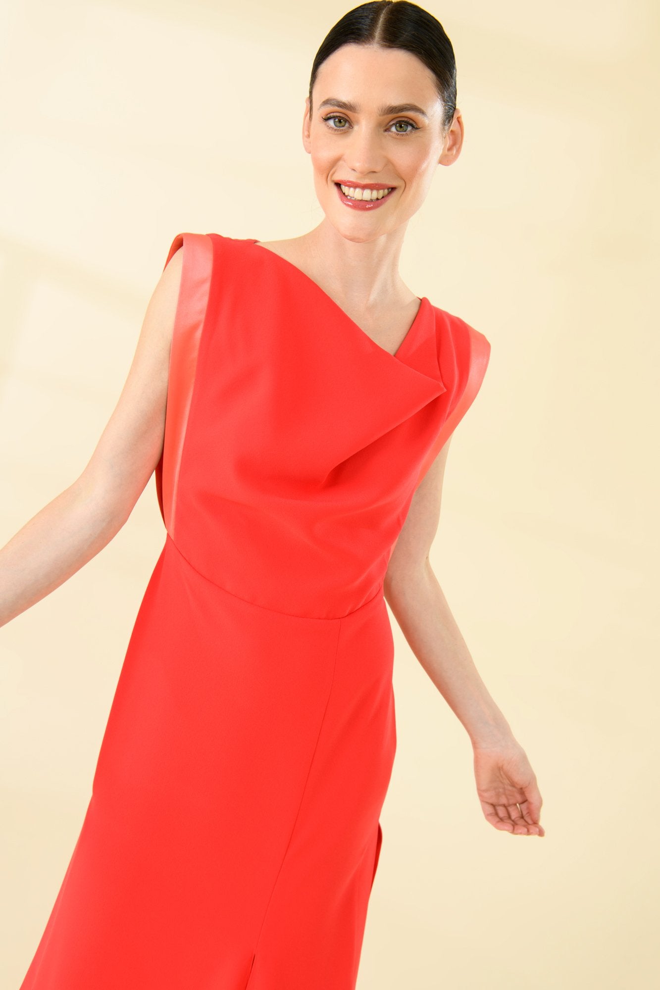 Sisters Joop Crepe Cowl Neck Satin Trim Dress In Red