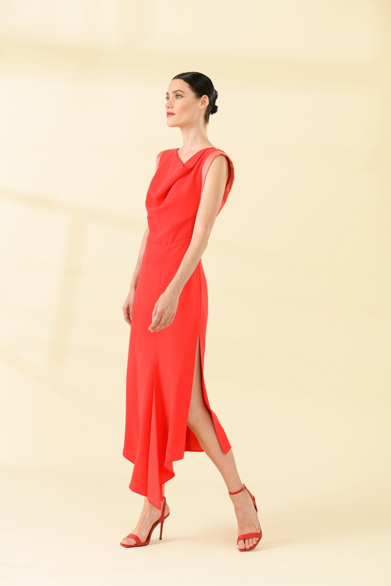 Sisters Joop Red Crepe Cowl Neck Dress With Side Split