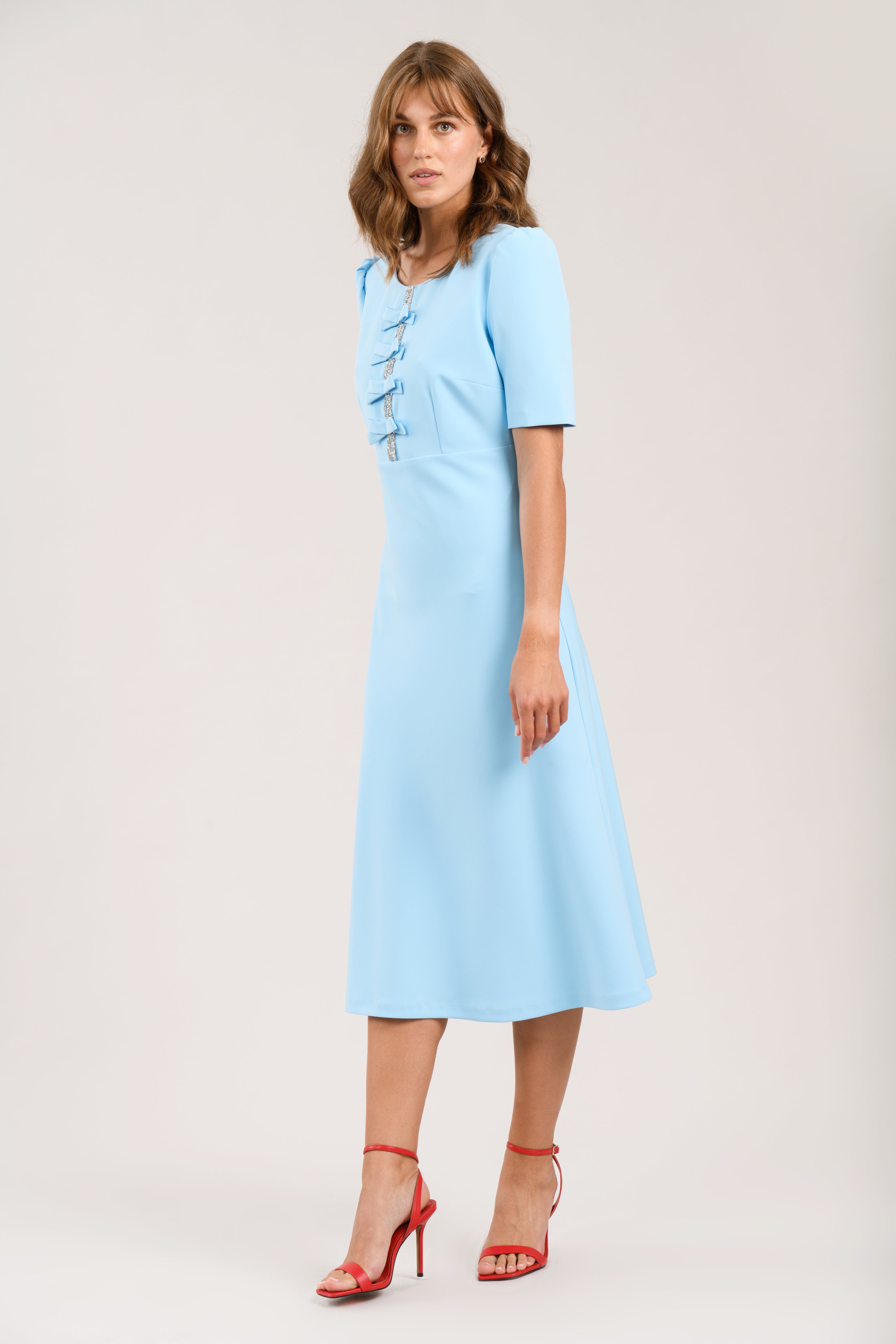 Sisters Jubilee Blue Bow Front Midi Dress full length front view