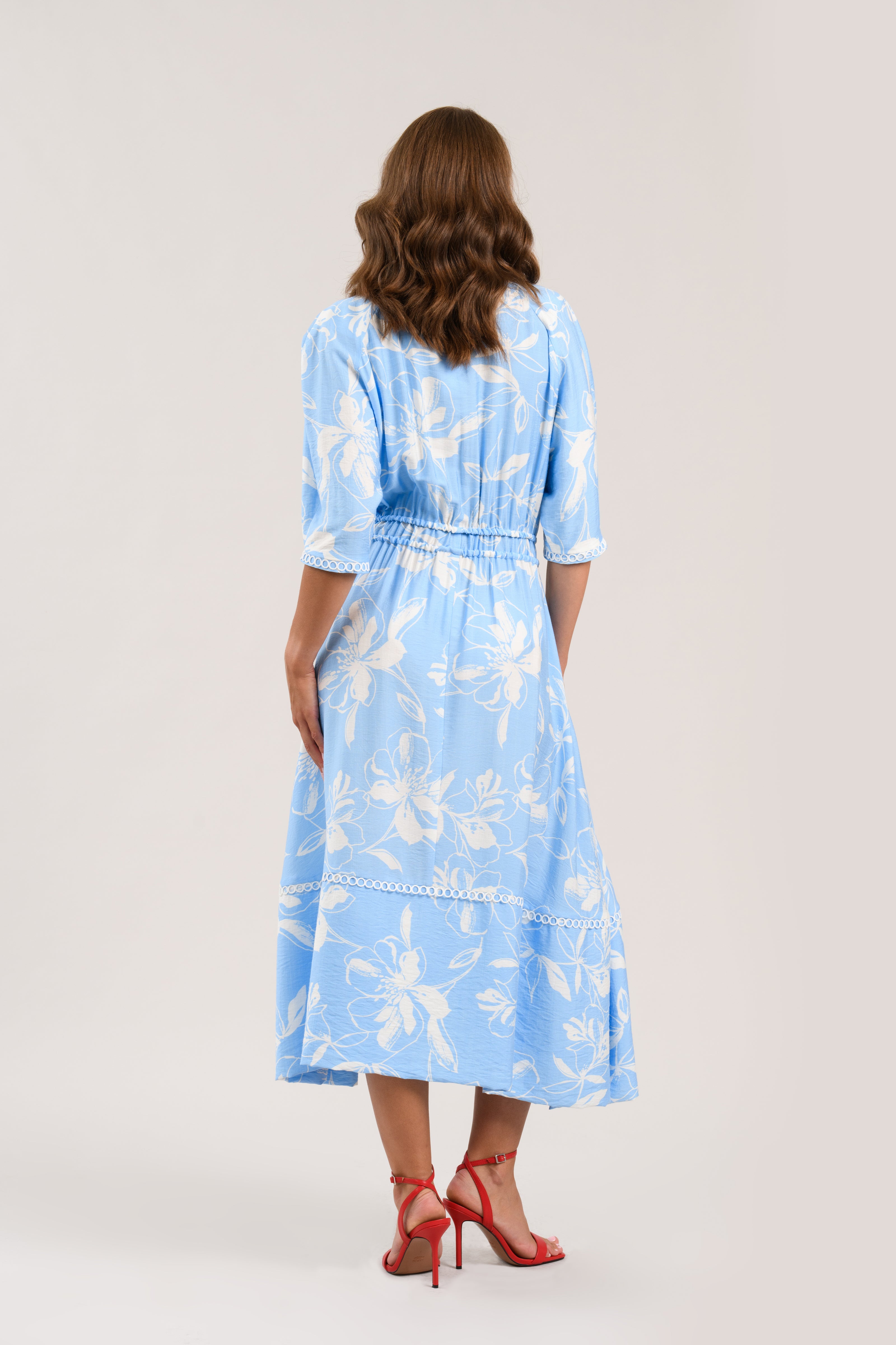 Sisters July floral midi dress back view elasticated waist detail