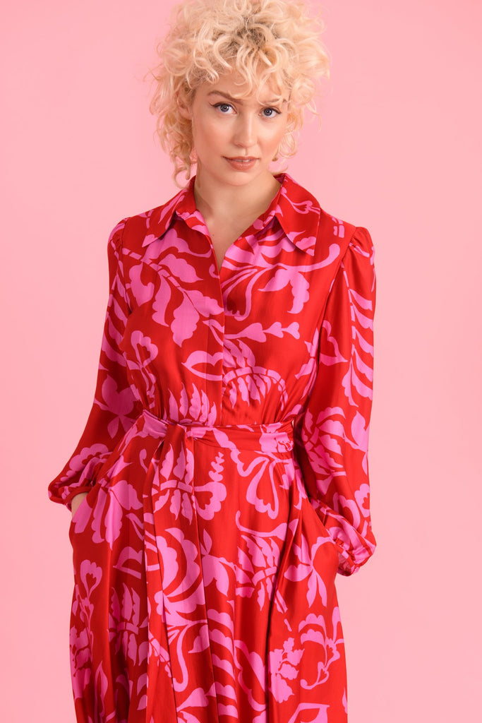 Sisters Michelle Long Red & Pink Shirt Dress