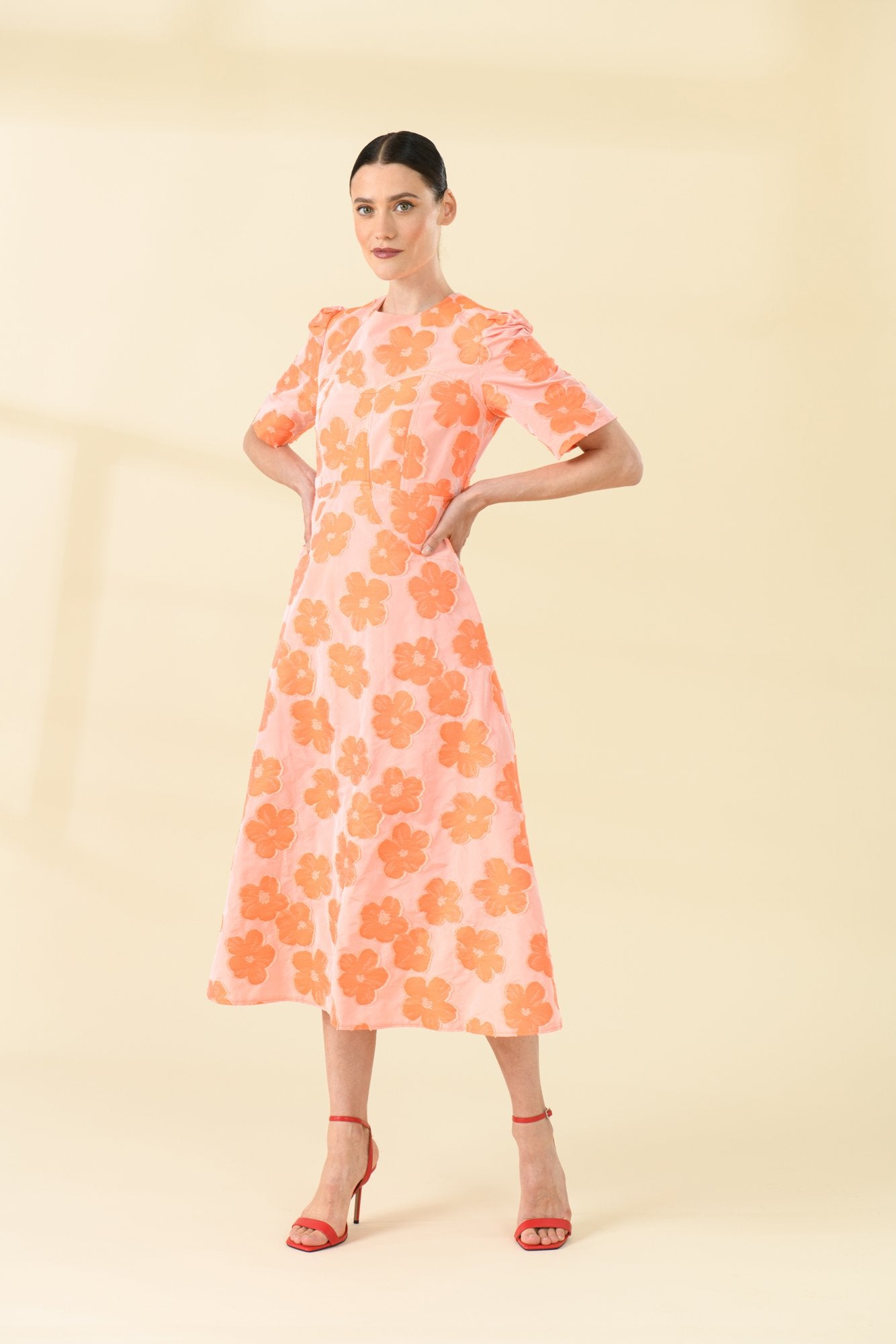 Sisters Milana Orange Embroidered Floral Midi Dress