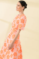 Sisters Milana Orange Embroidered Floral Midi Dress With Pockets