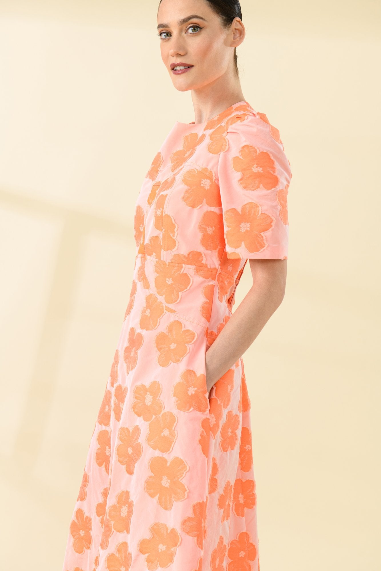 Sisters Milana Orange Embroidered Floral Occasion  Dress With Pockets