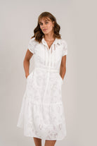 Sisters Milo white cotton midi shirt dress with waist belt close up