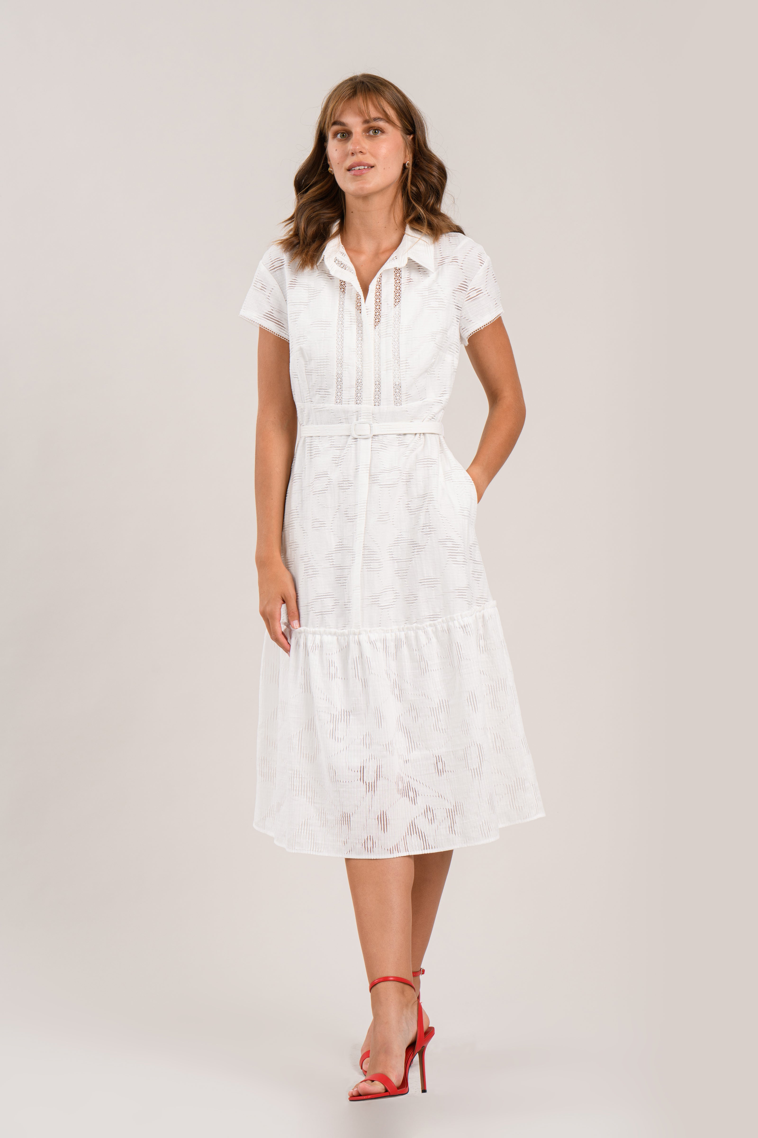 Sisters Milo cotton tiered shirt dress in white with lace panel detail front view
