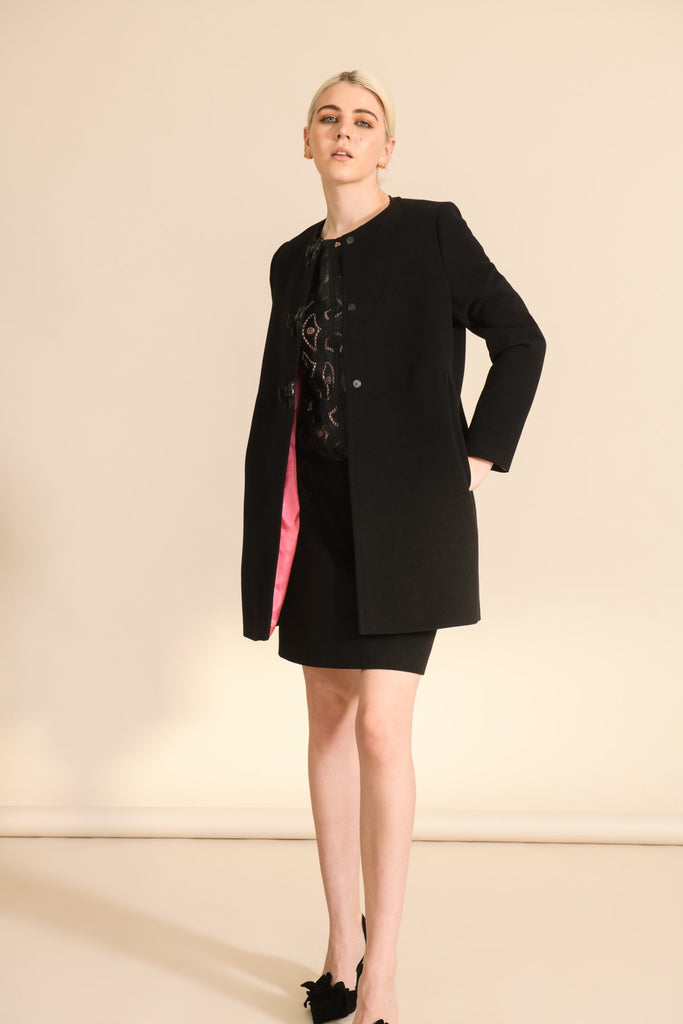 Sisters Oliver Bow Button Dress Coat Black With Pink Lining 