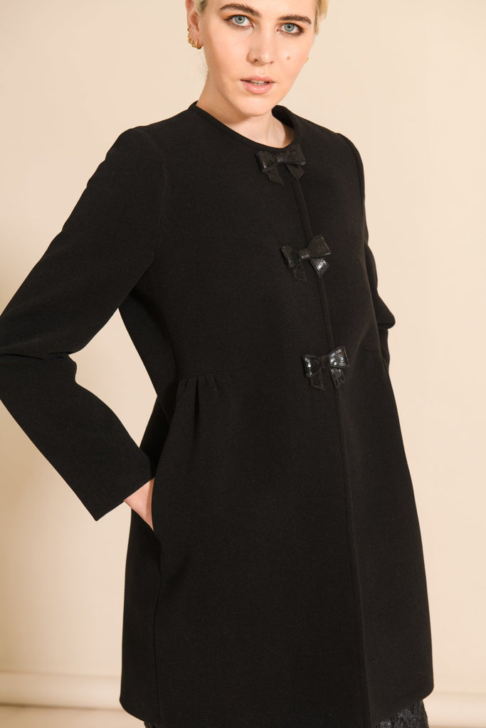 Sisters Oliver Bow Button Dress Coat In Black