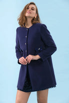 Sisters Olivia ink blue tailored occasion coat worn open