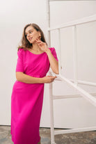 Sisters Pearl intense fuchsia bow midi occasion dress