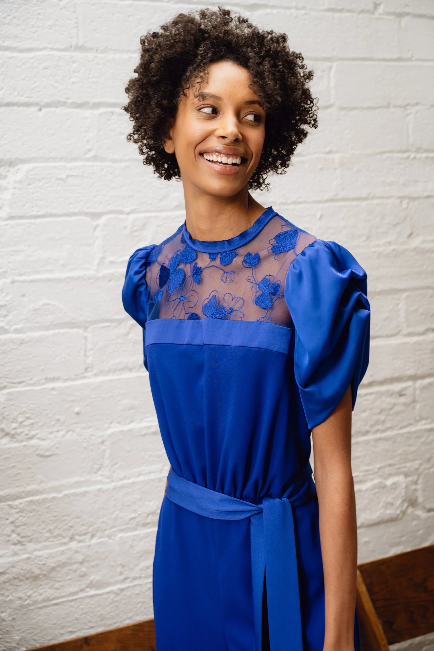 Sisters Samantha jumpsuit close-up of sheer floral lace yoke in royal blue