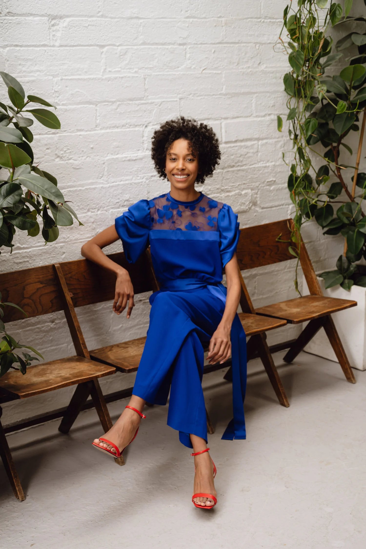 Sisters Samantha royal blue jumpsuit flat-lay front-on showing V-neck and self-tie waist