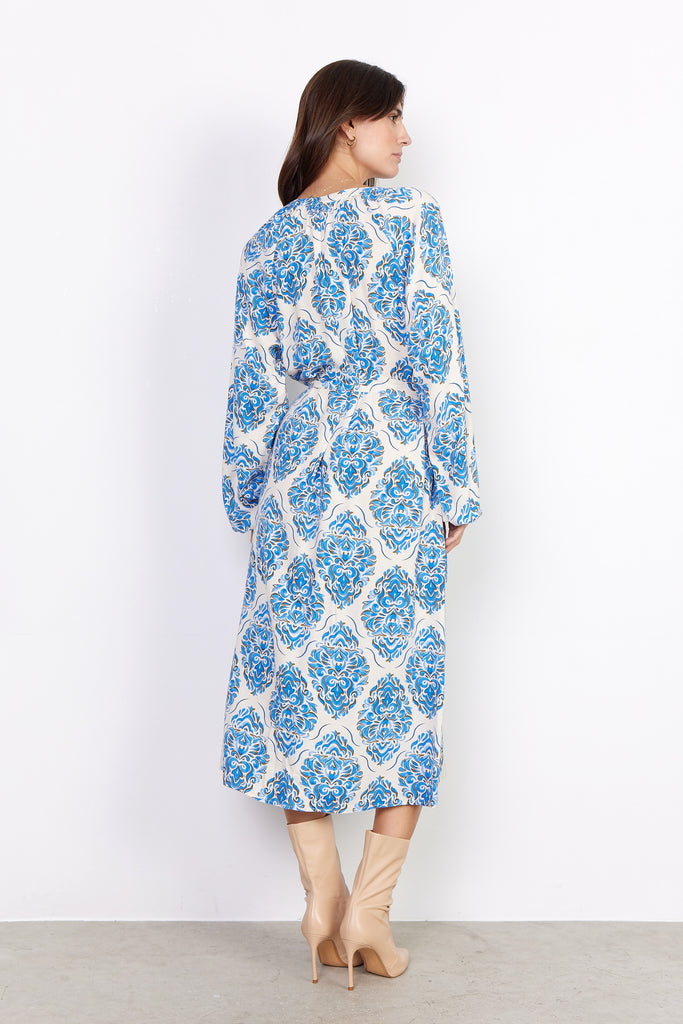 Soyaconcept Melene Blue Damask Print Midi Dress From The Back
