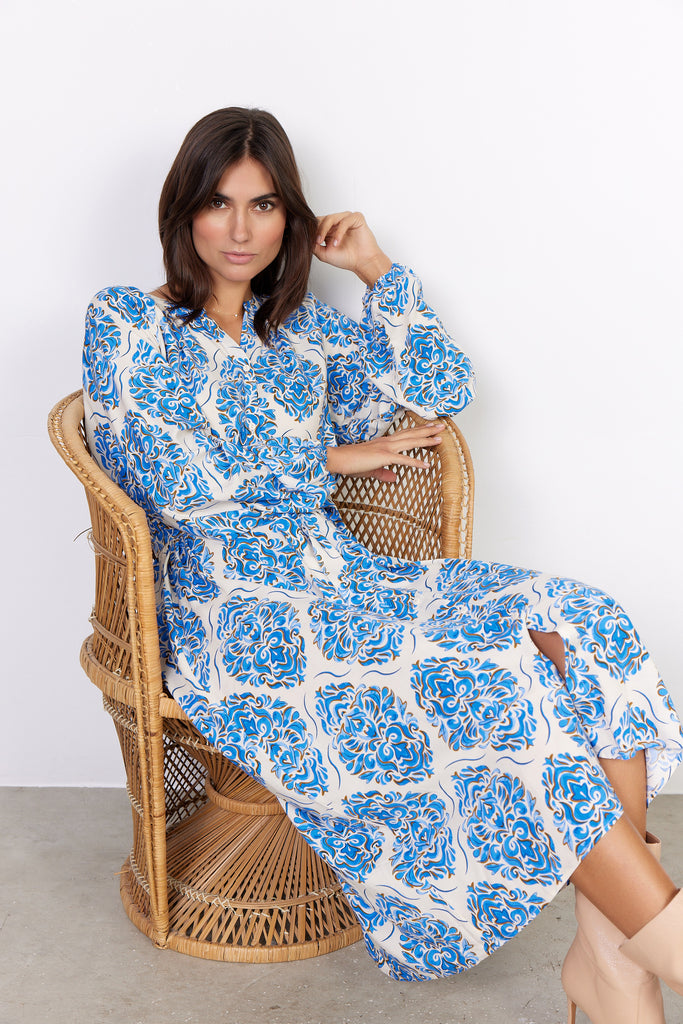 Soyaconcept Melene Blue Damask Print Midi Dress With Belt