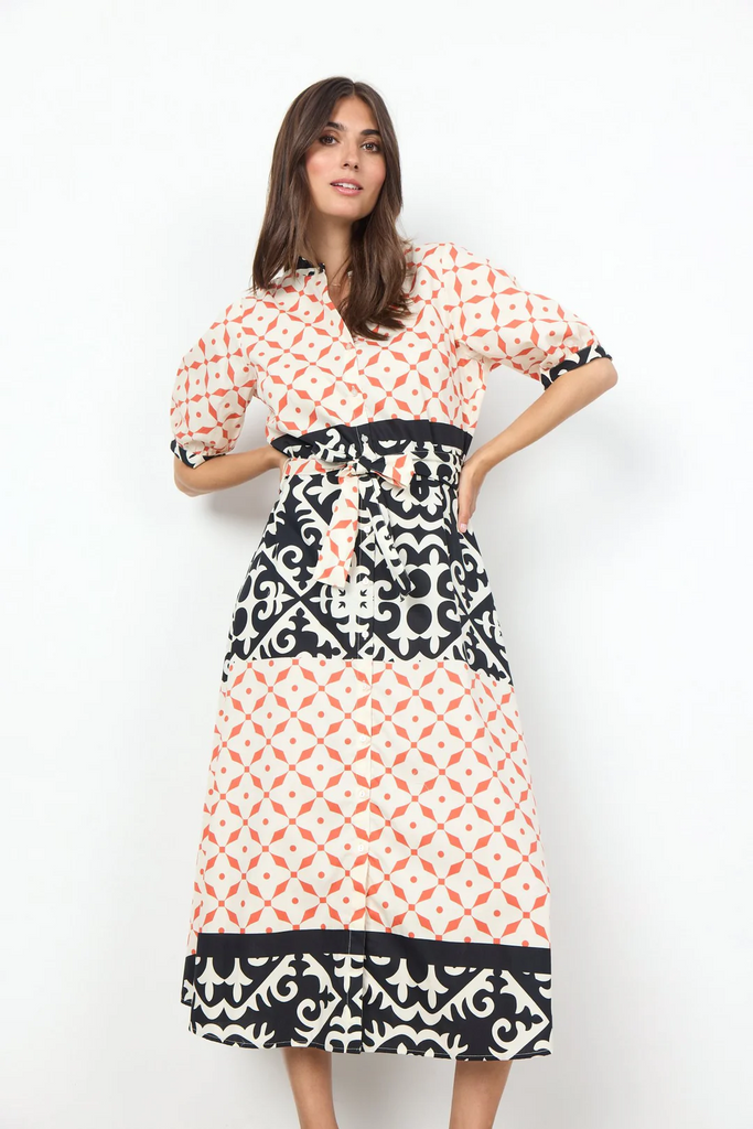 Soyaconcept Dinna Cotton Tile Print Belted Shirt Dress