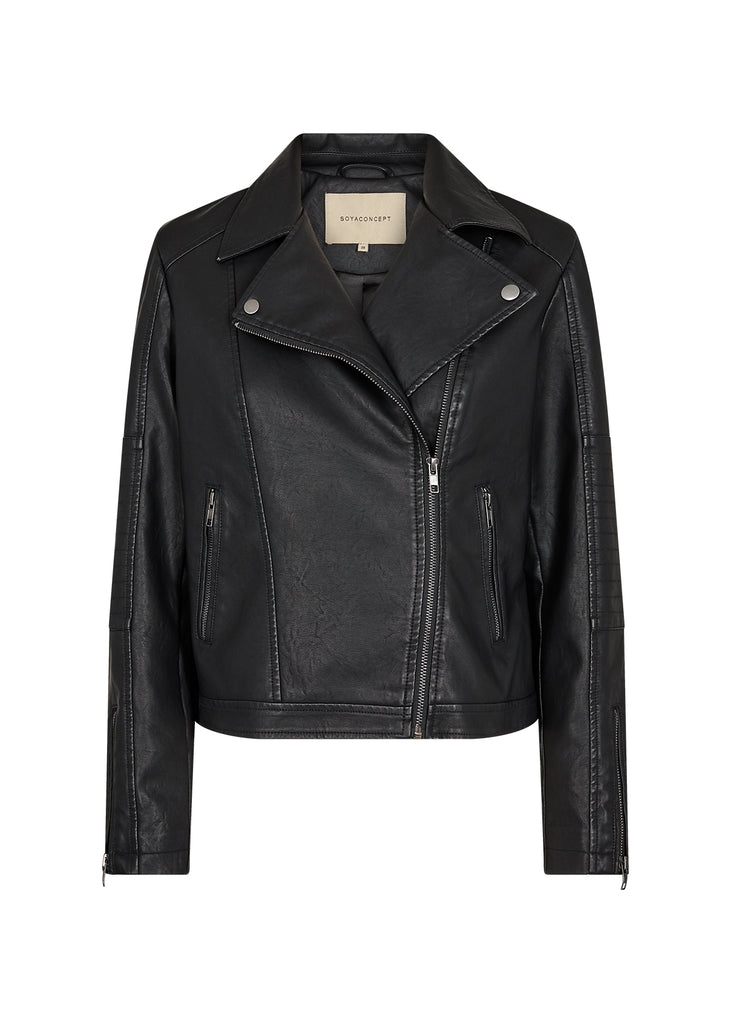 Soyaconcept Gunilla Black Faux Leather Biker Style Jacket - Front