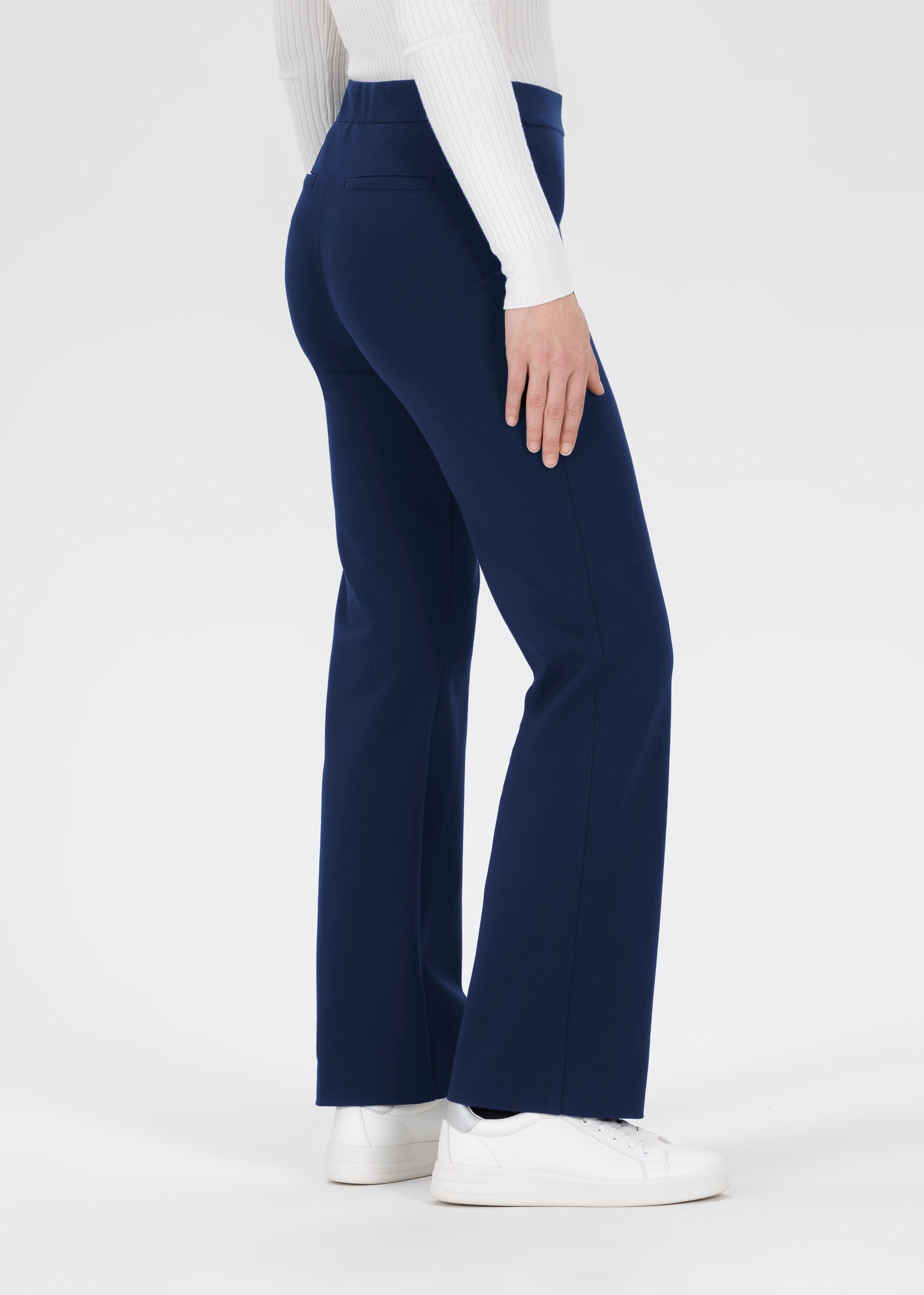 Side angle of Stehmann Editta navy pull-on trousers with straight cut