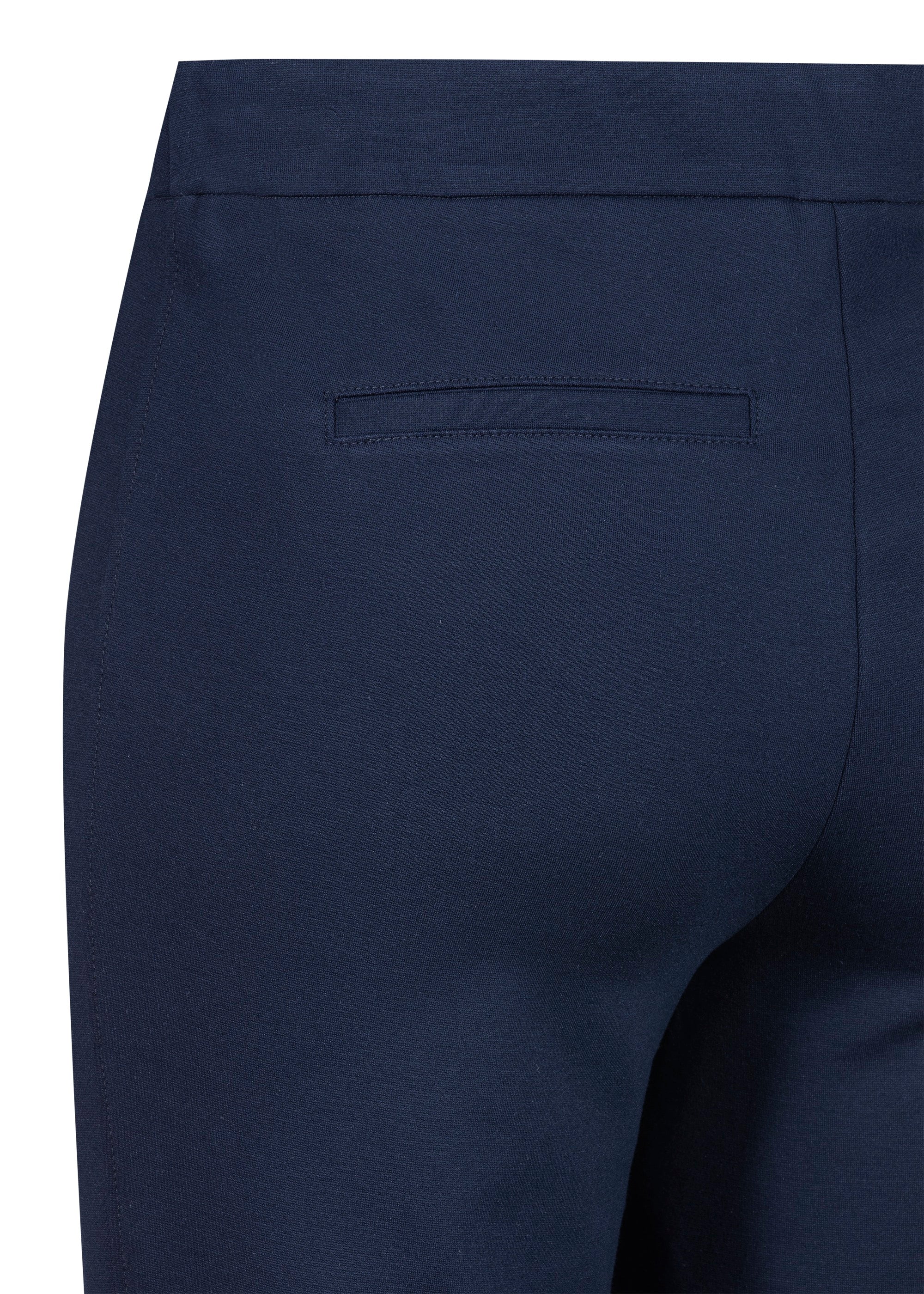 Close-up of waistband on Stehmann Editta navy straight leg trousers
