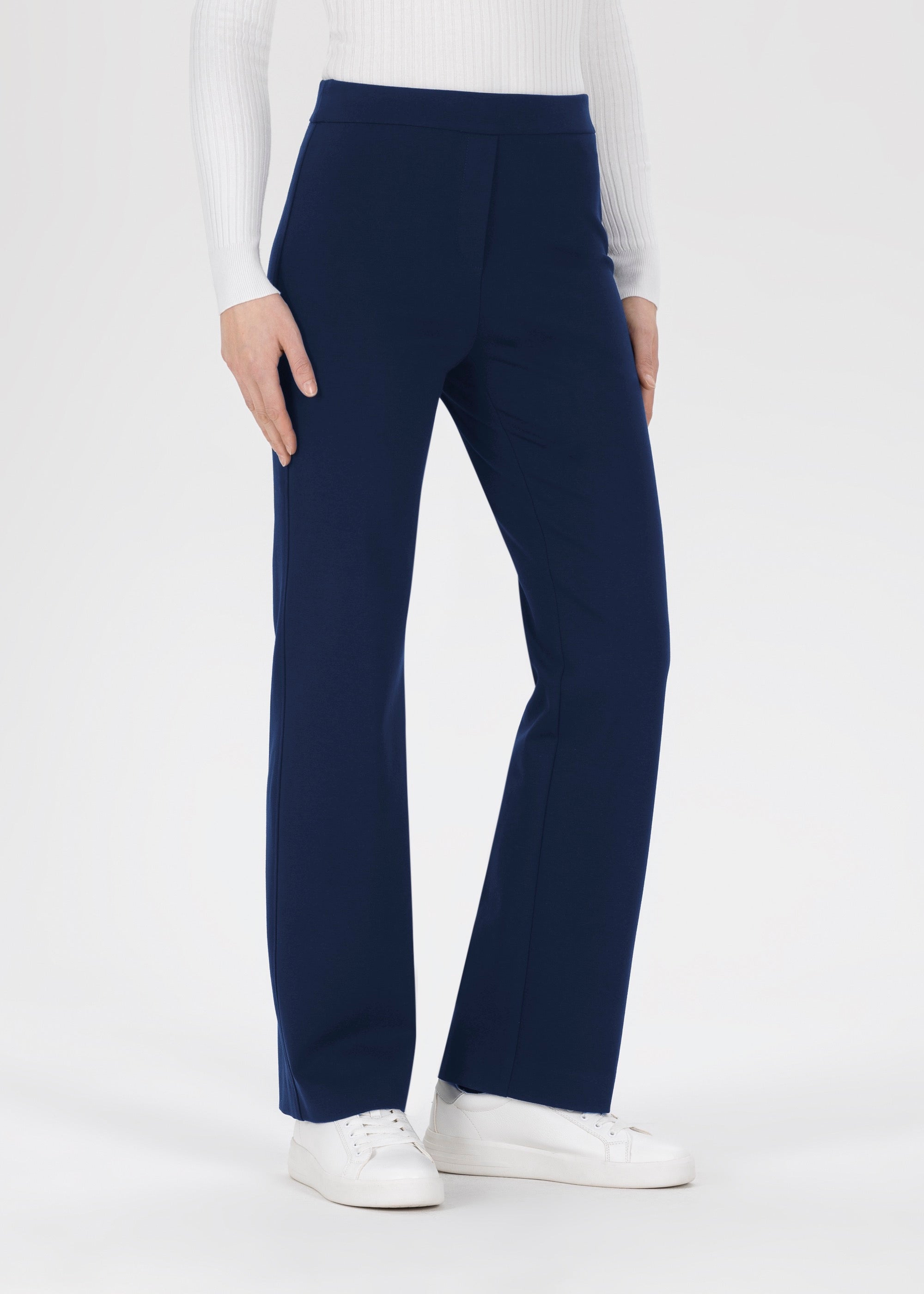 Front view of Stehmann Editta 780 navy straight leg jersey trousers
