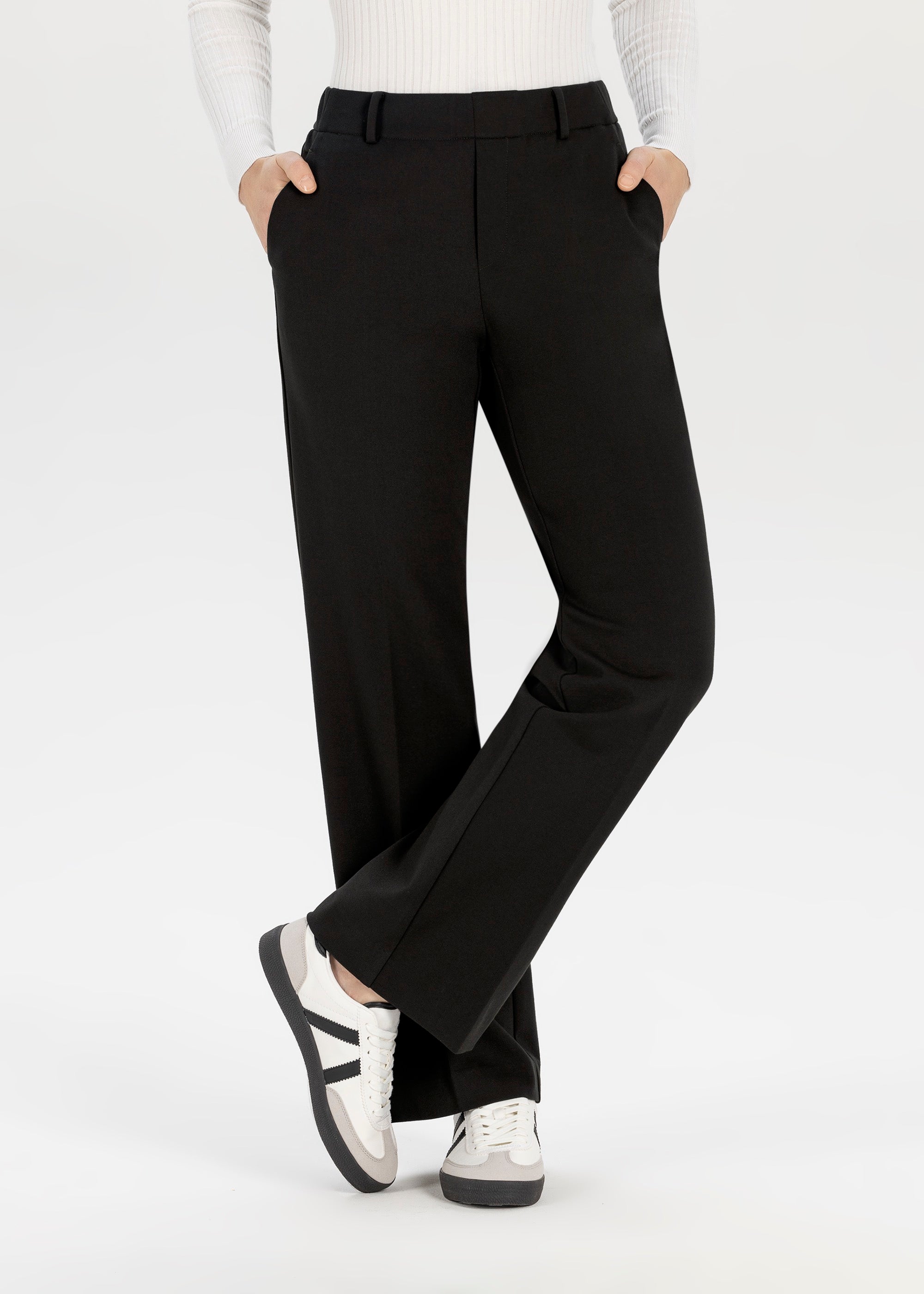 Front view of Stehmann Fenja2 black wide leg jersey trousers with elastic waist 