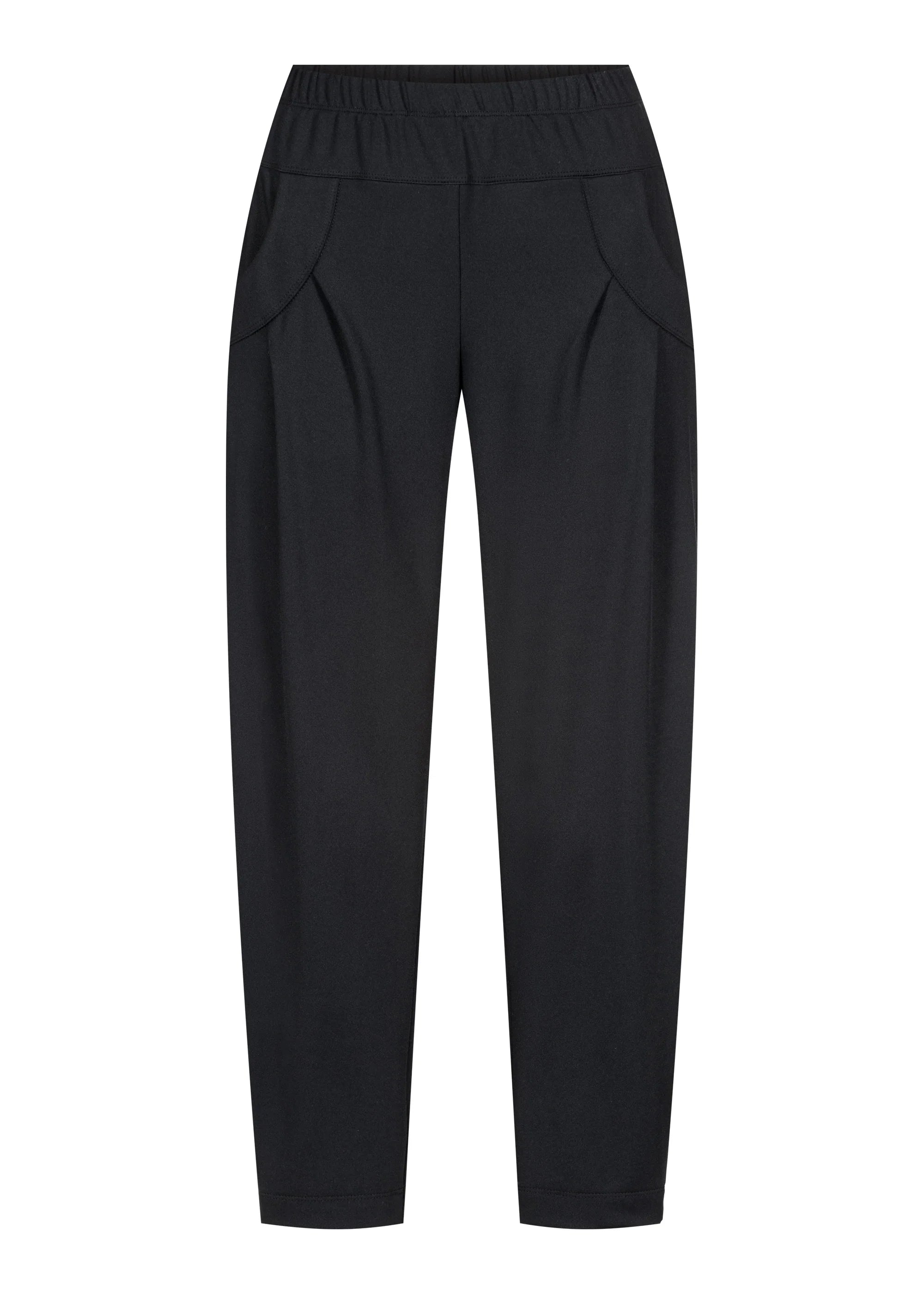 Stehmann black stretch trousers with tapered cropped leg and elastic waist.