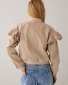 Summum frill shoulder bomber jacket back view showing shoulder detail
