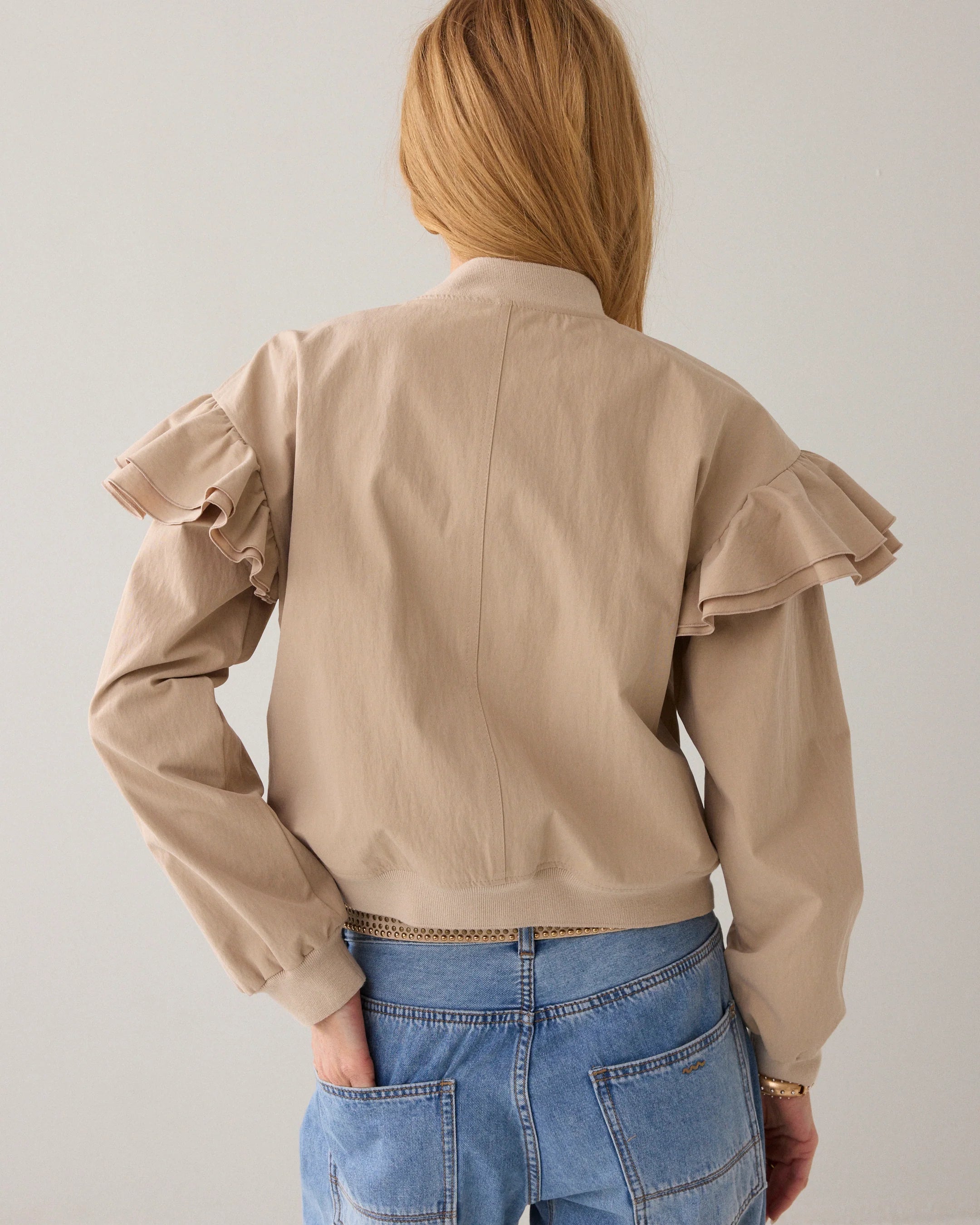 Summum frill shoulder bomber jacket back view showing shoulder detail